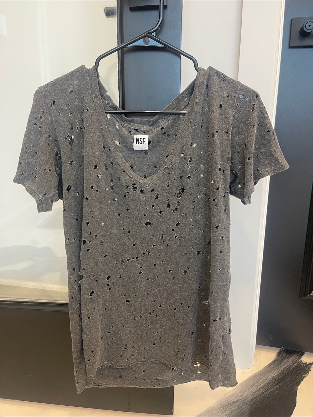 NSF Distressed Short-Sleeve V-Neck Tee in Charcoal Gray